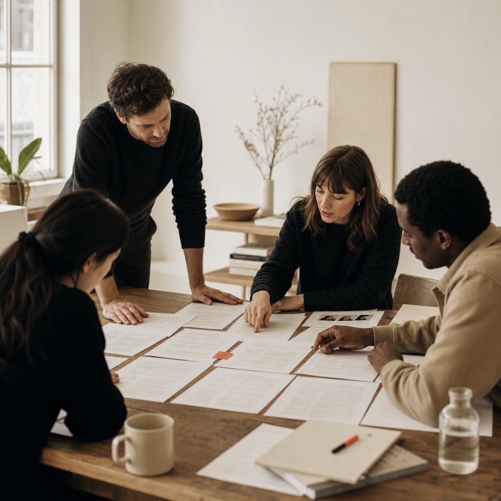 A research team reading printed interview transcripts around a table